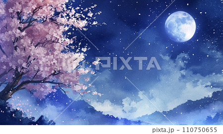 夜空に輝く満月と桜の木の水彩画 AI画像のイラスト素材 [110750655