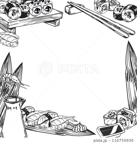 vector illustration of Japanese food theme with rolls, sushi, sashimi, soy sauce, chopsticks, hand drawn inked monochrome sketch of seafood, frame isolated on white background 110750930
