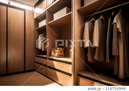 Modern luxury style warm wood walk in closet, minimal walk in wardrobe dressing room interior. generative ai Modern luxury style warm wood walk in closet, minimal walk in wardrobe dressing room interior. generative ai 110750946