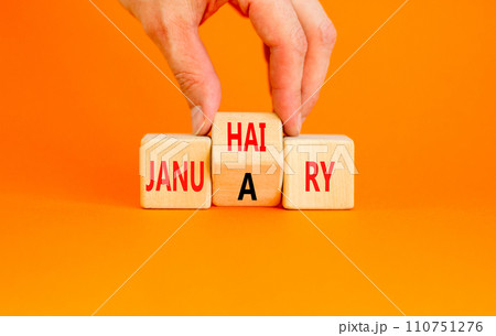 Januhairy or January symbol. Concept words Januhairy or January on beautiful wooden blocks. Beautiful orange table orange background. Man hand. Social issues Januhairy or January concept. Copy space. 110751276