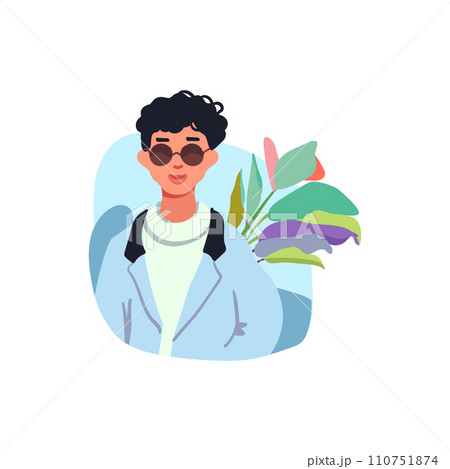 Avatar in a modern minimalist style. A guy in sunglasses and a blue jacket. Anime. Vector illustration. 110751874