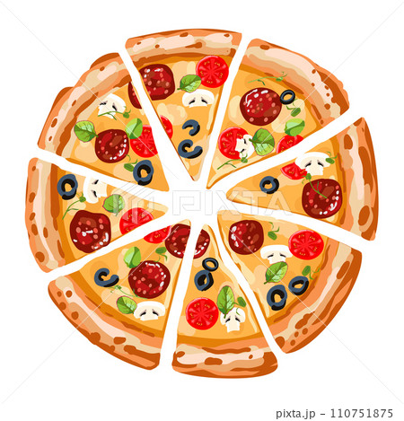 Pizza sliced with tomatoes and sausage. Italian Pepperoni pizza with olives and salad. Vector illustration. 110751875