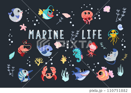 Marine animals. Banner with deep sea fish and wildlife on a dark background with texture. Ocean floor. Vector illustration Marine animals. Banner with deep sea fish and wildlife on a dark background with texture. Ocean floor. Vector illustration 110751882