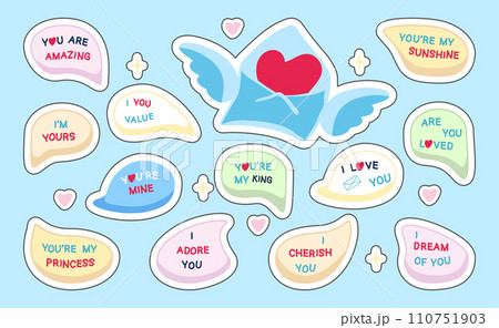 Stickers with love phrases in conversation bubbles for Valentines Day on a blue background. Letter with wings and heart. Vector illustration 110751903