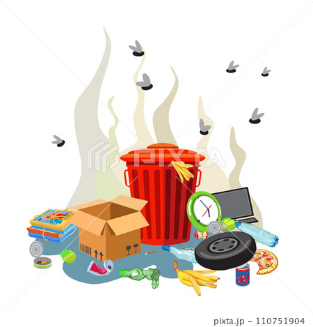 Red trash can with unsorted waste. Empty boxes and cans. Flies and fumes from organic and industrial waste. Vector illustration 110751904