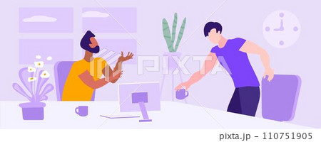 Partners agreement. Young men, office, window, house plants, Modern vector illustration. 110751905