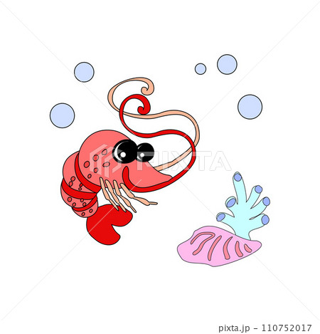 Shrimp with bubbles and algae in the ocean. For posters, prints on clothes. Vector 110752017