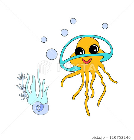 Cheerful jellyfish with bubbles and algae in the ocean. For posters, prints on clothes. 110752140