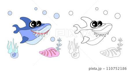 Coloring book Cute shark with shells, bubbles and algae in the ocean. For posters, prints on clothes. Vector 110752186