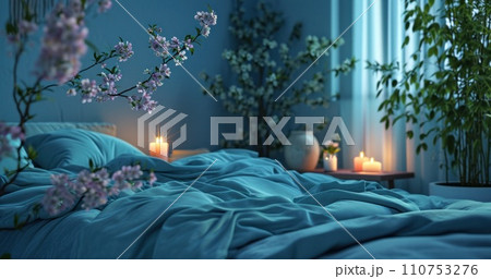 blue bedroom with blue sheets and a candle 110753276