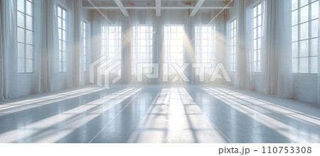 an empty white room with windows and a light reflection an empty white room with windows and a light reflection 110753308