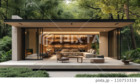 a modern living room sitting between two large glass doors a modern living room sitting between two large glass doors 110753319