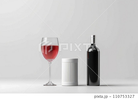 a glass with red wine and a bottle against white background, a glass with red wine and a bottle against white background, 110753327