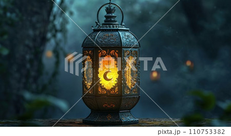 an antique lantern with a crescent on it an antique lantern with a crescent on it 110753382