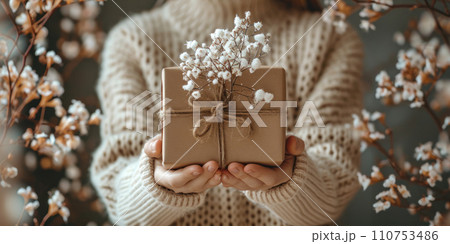 a woman presents a gift out of a gift box a woman presents a gift out of a gift box 110753486