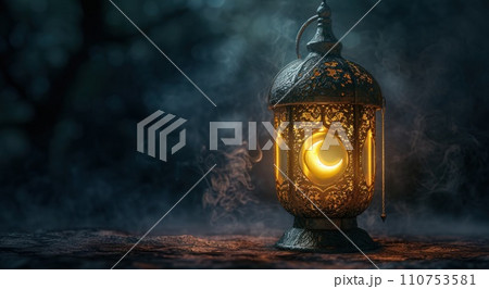 an antique lantern with a crescent on it 110753581