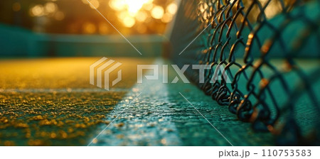 close up of green tennis court with white lines and netting at sunrise 110753583
