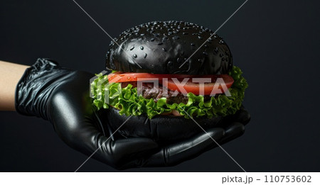 hand holding black vinyl gloves with a black hamburger 110753602