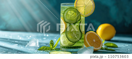 cucumber juice with lemon slice and onions 110753603