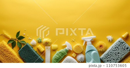 cleaning supplies on a yellow background 110753605