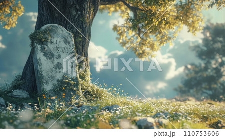 a gravestone beside a tree with the words rip 110753606