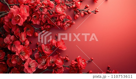 a branch with several red branches on red background a branch with several red branches on red background 110753611
