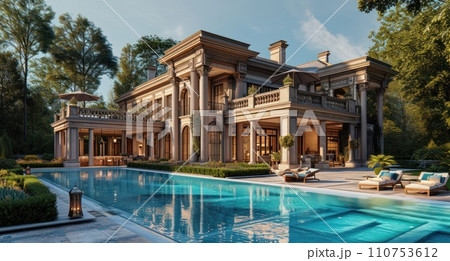an exterior of a luxury home with some pool and lounges 110753612