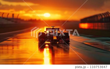 car is driving on an empty race track at sunset car is driving on an empty race track at sunset 110753647