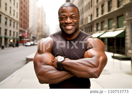 AI-generated content. Happy and smiling African American police officer. Neural network AI generated art AI-generated content. Happy and smiling African American police officer. Neural network AI generated art 110753773