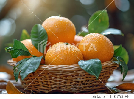oranges in a basket with leafs 110753940