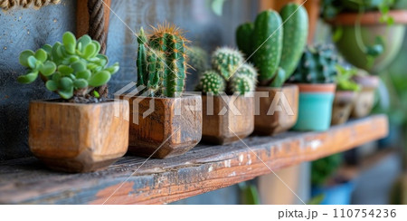 wooden wooden pots with cactuses hanging on wooden ledge wooden wooden pots with cactuses hanging on wooden ledge 110754236