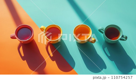 four cups of tea arranged in an array on a turquoise table 110754257