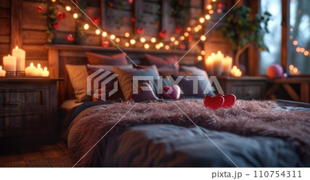 valentine's day, bed with hearts on pillows, candle lights valentine's day, bed with hearts on pillows, candle lights 110754311