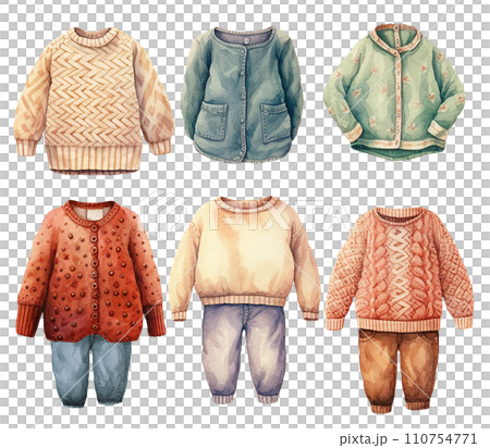 watercolor drawing, set of cute children's suits, autumn clothes, casual style watercolor drawing, set of cute children's suits, autumn clothes, casual style 110754771