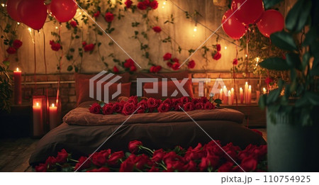 romantic romantic bedroom with roses in it, candles, and balloons romantic romantic bedroom with roses in it, candles, and balloons 110754925