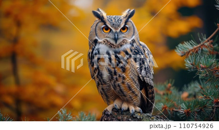 the owl is perched on a branch of pine trees 110754926