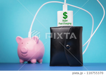 Piggy bank, wallet and smartphone charger with dollar symbol on a colored background, concept on the theme of making money 110755370