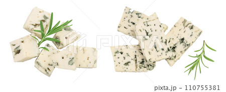 diced Blue cheese with rosemary isolated on white background with full depth of field. Top view. Flat lay. 110755381