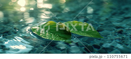 two green leaves were left in the water and reflected light from the water two green leaves were left in the water and reflected light from the water 110755671