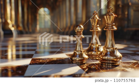 two golden chess pieces seated 110755768