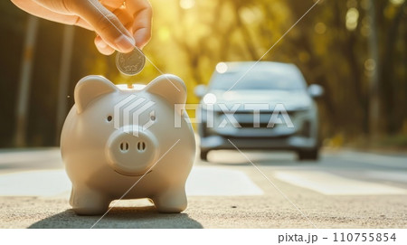 AI-generated content. Piggy bank money box on a car background, 110755854