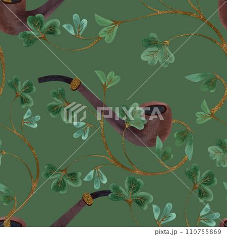 Seamless pattern with symbols of Ireland. Wrapping paper for St. Patrick's Day. Watercolor in vintage style on a green background. 110755869