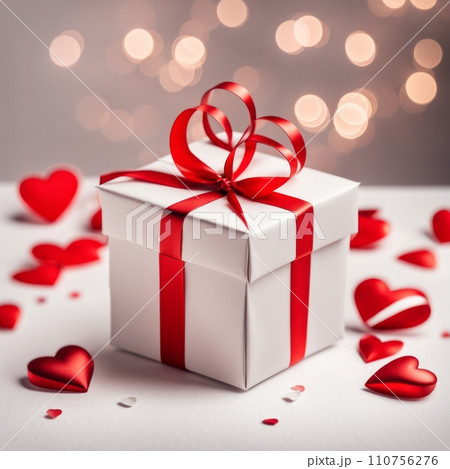 Gift box with craft paper and red ribbon. Two hearts and bokeh background. Valentine's Day Greeting Card. 110756276