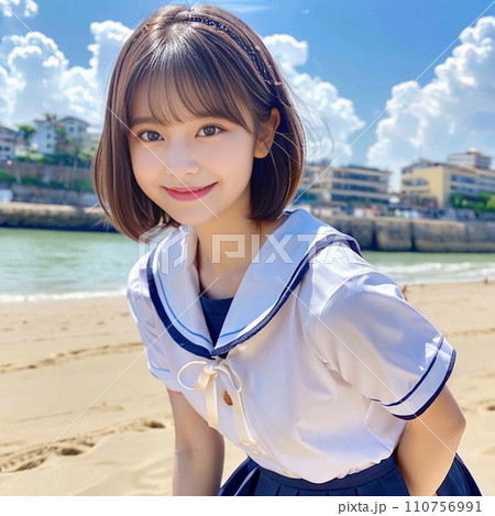 ビーチに立つ女子高生(Generative AI) 110756991