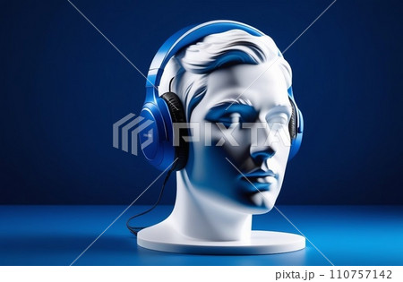 Minimal scene of serene white marble human head sculpture with headphone placed on a deep blue solid background Minimal scene of serene white marble human head sculpture with headphone placed on a deep blue solid background 110757142