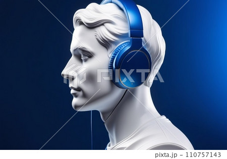 Minimal scene of serene white marble human head sculpture with headphone placed on a deep blue solid background Minimal scene of serene white marble human head sculpture with headphone placed on a deep blue solid background 110757143