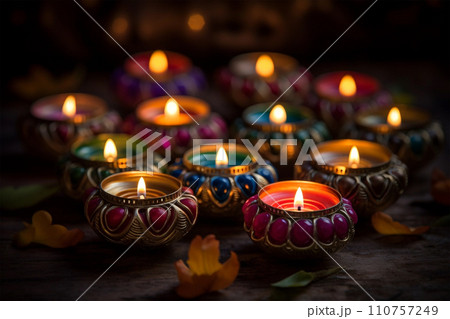 Oil lamps and candles lit at night during diwali celebration Oil lamps and candles lit at night during diwali celebration 110757249