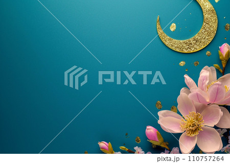 Ramadan kareem golden crescent moon with flowers on dark blue background 110757264