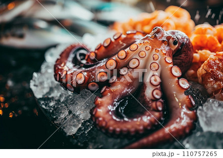 Fresh raw octopus on ice with fish and sea food 110757265