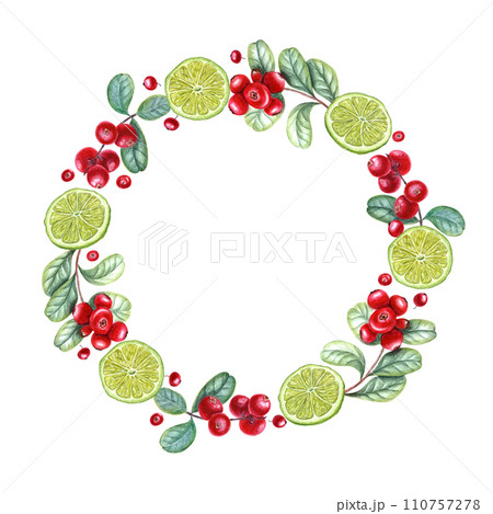 Wreath with lime slices, cowberries. Citrus, red berries, green leaves. Tropical fruit and forest berry. Watercolor illustration for label, greetings. Rectangle frame with pace for text. 110757278